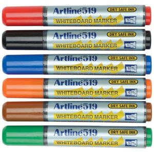 Marker pentru tabla de scris ARTLINE 519 - Dry safe ink, varf tesit 2.0-5.0mm, 6 culori/set