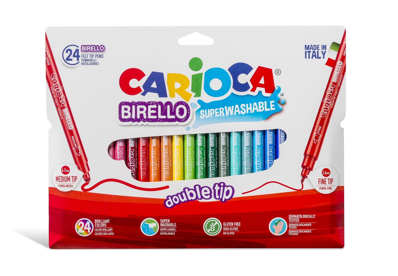 Carioca super lavabila, cu 2 capete, varf subtire/gros, 24 culori/cutie, CARIOCA Birello