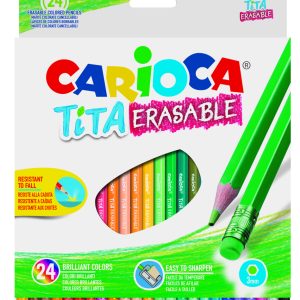 Creioane colorate CARIOCA Tita Erasable, hexagonale, flexibile, erasable, 24 culori/cutie, cu guma