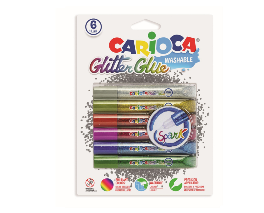Lipici Glitter, lavabil, 6 culori/blister, CARIOCA Glitter Glue Spark