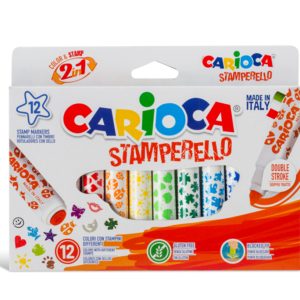 Set 12 markere lavabile, cu 12 stampile diverse forme, cutie carton, CARIOCA Stamperello