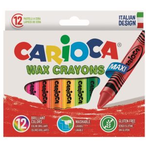 Creioane cerate, rotunde, lavabile, D-12mm, 12 culori/cutie, CARIOCA Wax Crayon Maxi