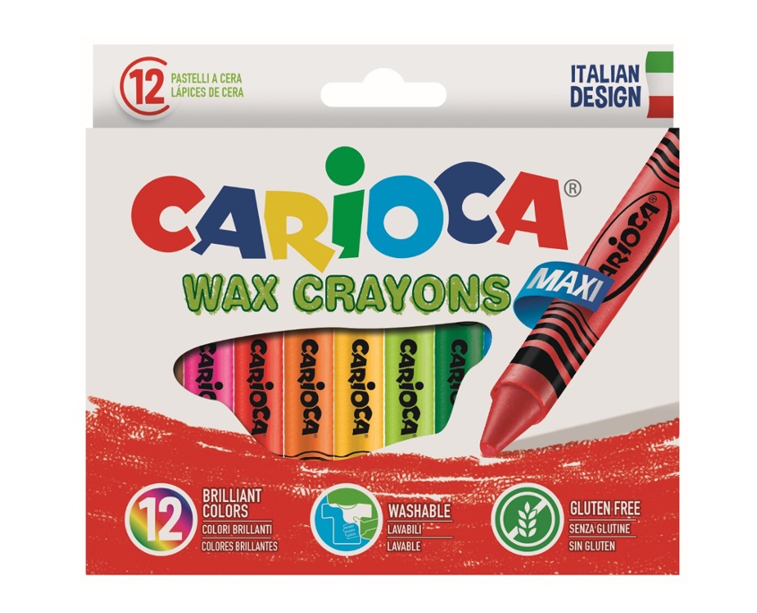 Creioane cerate, rotunde, lavabile, D-12mm, 12 culori/cutie, CARIOCA Wax Crayon Maxi