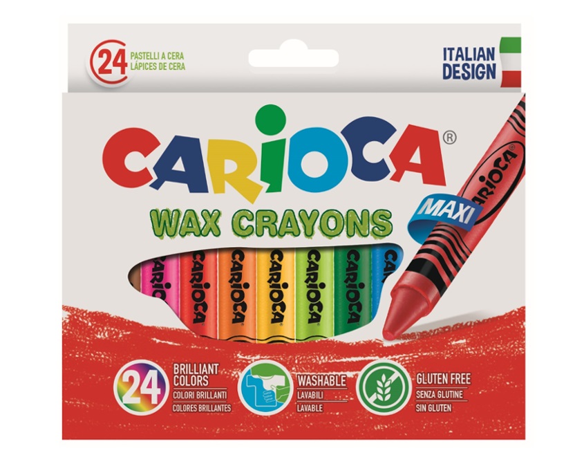 Creioane cerate, rotunde, lavabile, D-12mm, 24 culori/cutie, CARIOCA Wax Crayon Maxi