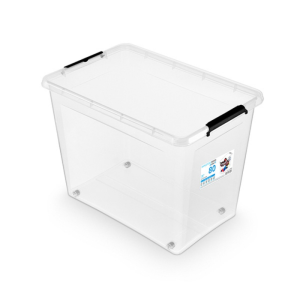 Container plastic cu capac, transparent, ORPLAST Simple box - capacitate 80L - cu rotile