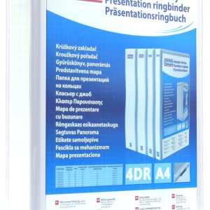 Caiet mecanic cu buzunar, plastifiat PP, 4 inele in "D", 25 mm, cotor 40mm, DONAU - alb