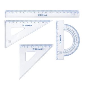 Set geometrie mare, contine: rigla 30cm, raportor, echer 13cm si echer 19cm, DONAU - transparent