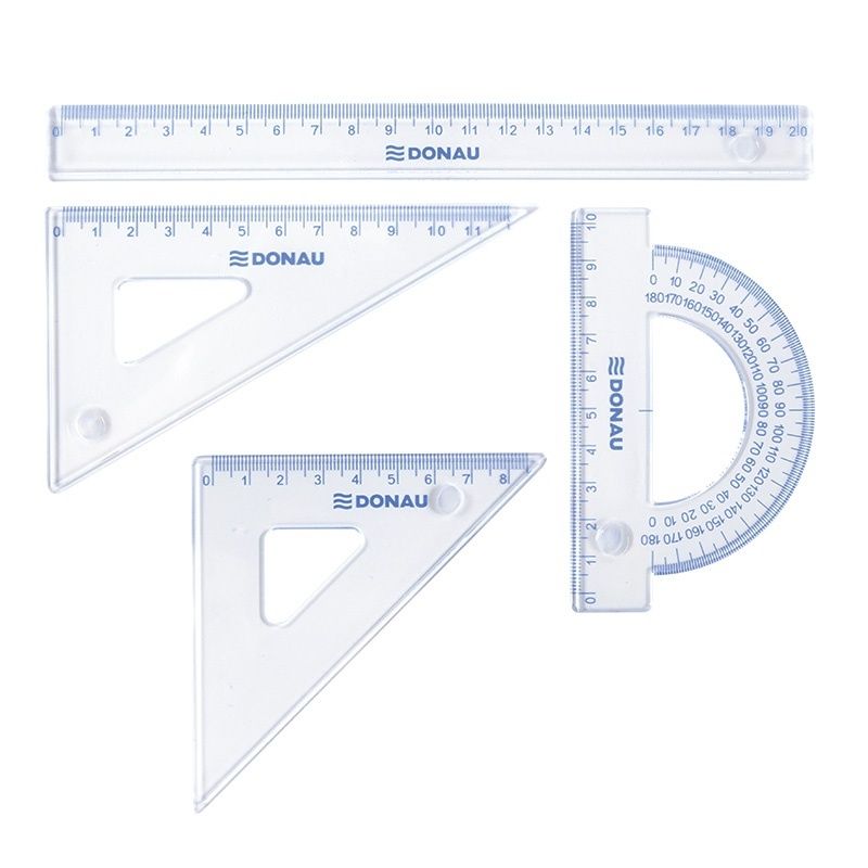 Set geometrie mare, contine: rigla 30cm, raportor, echer 13cm si echer 19cm, DONAU - transparent