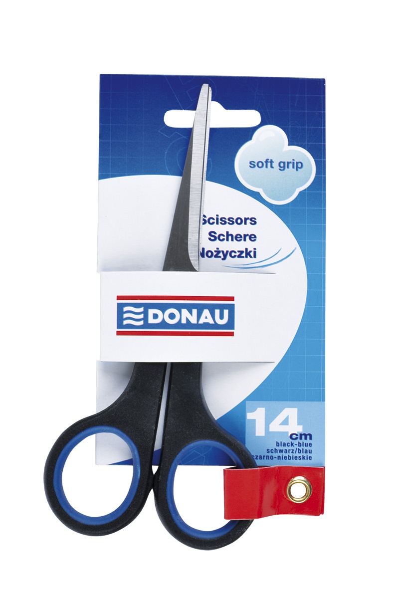 Foarfeca otel, ergonomica, 14cm, cu rubber grip, DONAU Soft Grip - maner albastru