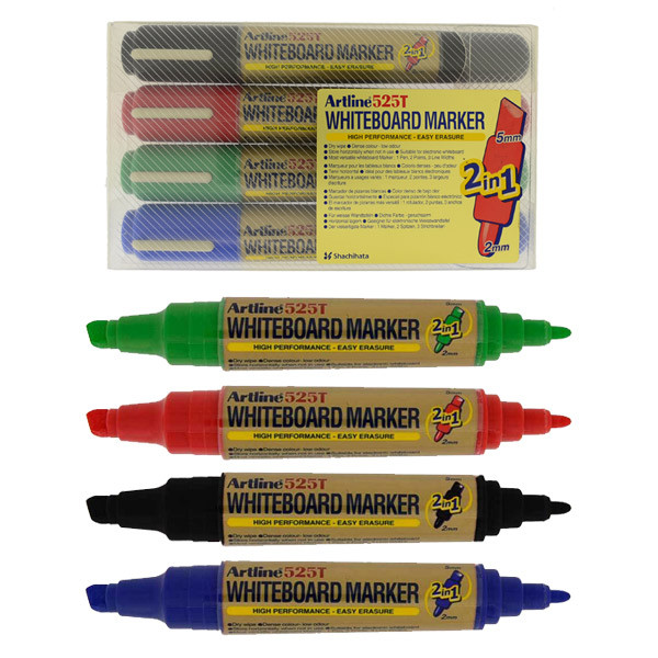 Marker pentru tabla de scris ARTLINE 525T, doua capete - varf rotund 2.0mm/tesit 5.0mm, 4 culori/set