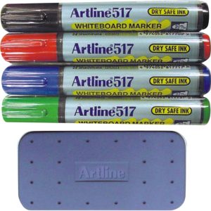 Kit markere tabla de scris+burete magnetic+ 25ml lichid curatare, ARTLINE 517, 4 cul/set, varf rotun