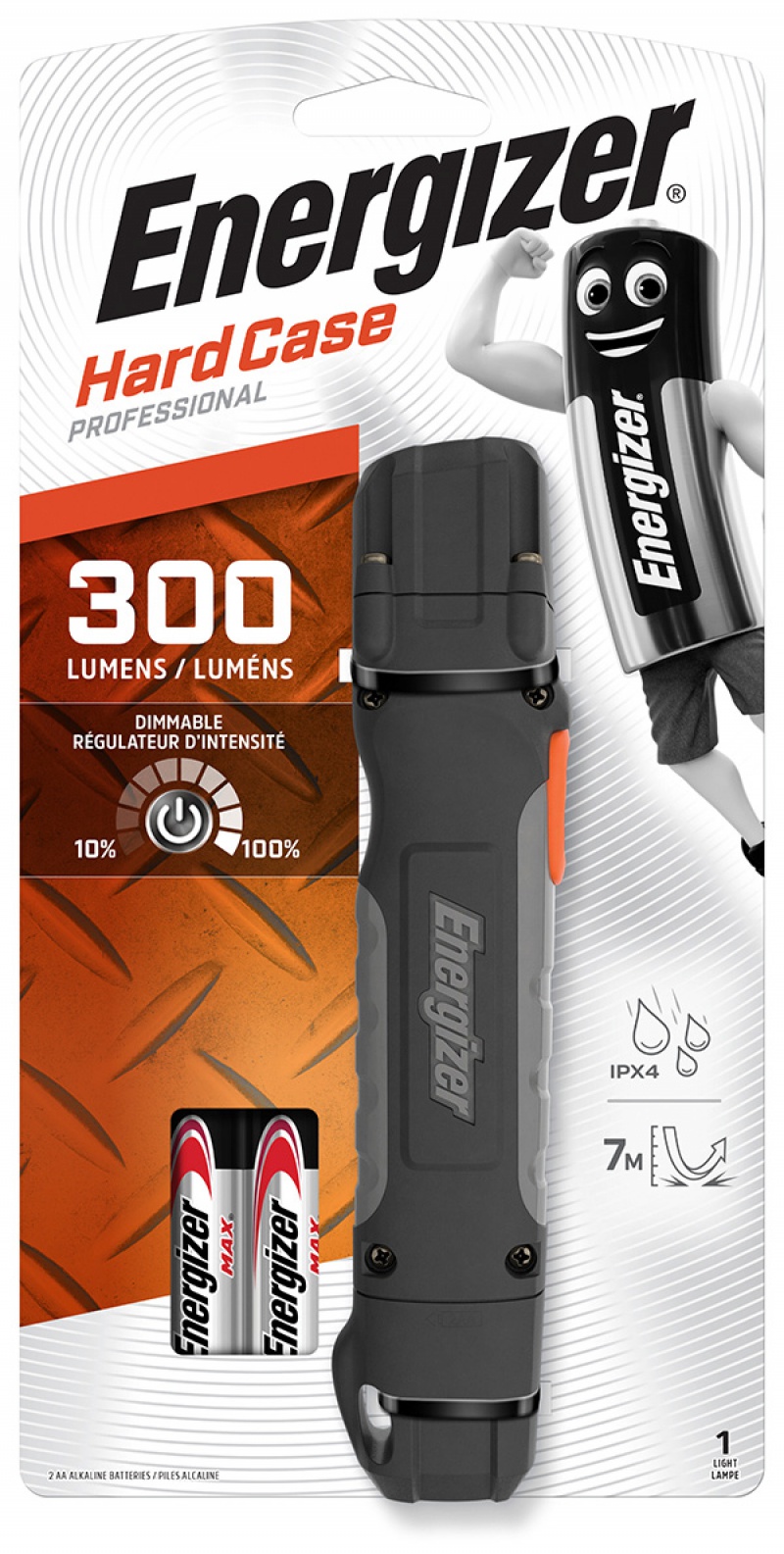 Lanterna LED Hard Case Profesionala, 300 lumeni + 2 baterii AA, Energizer