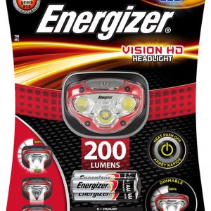 Lanterna de cap Vision HD Headlight rosie, 200 lumeni, raza de 50m + 3 baterii AAA, Energizer