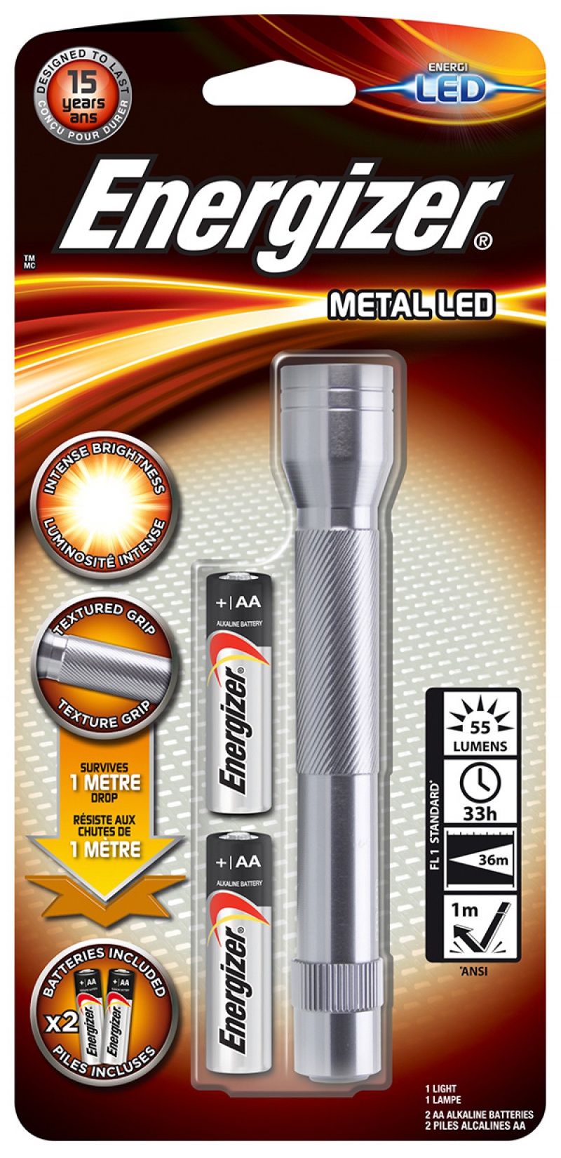 Lanterna LED Metal, 55 lumeni, raza de 36m + 2 baterii AA, Energizer