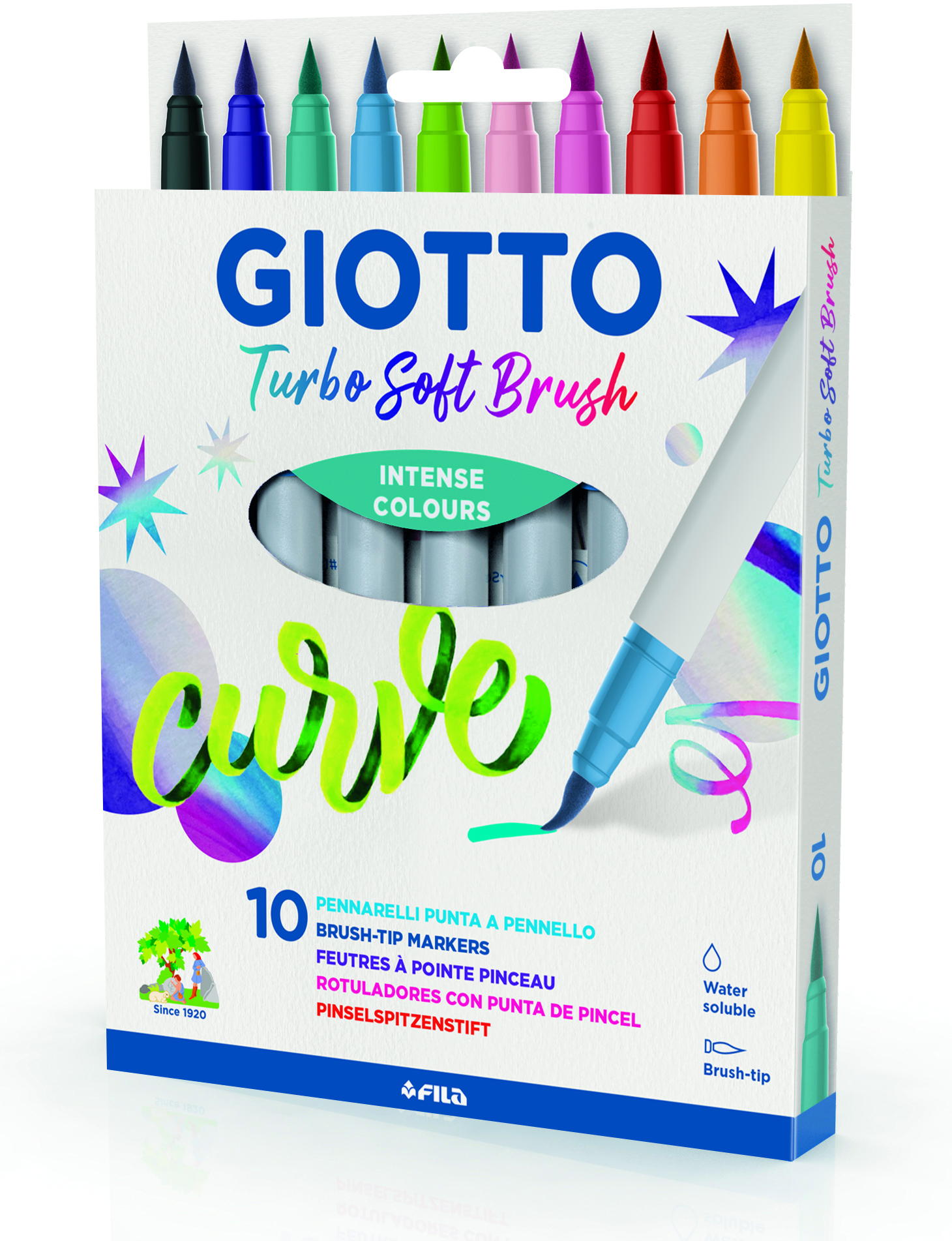 Carioca, varf flexibil (tip pensula), 10 culori/cutie, GIOTTO Turbo Soft Brush - culori intense