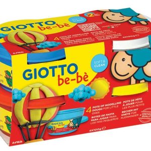 Plastilina standard, 4 culori(alb, albastru, rosu, galben) x 100 grame/borcan, GIOTTO be-be