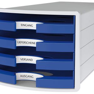 Suport plastic cu 4 sertare pt. documente, HAN Impuls 2.0 (open) - gri deschis - sertare albastre