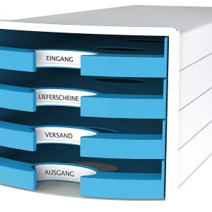 Suport plastic cu 4 sertare pt. documente, HAN Impuls 2.0 (open) - alb - sertare bleu