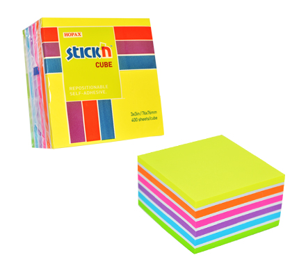 Cub notes autoadeziv 76 x 76 mm, 400 file, Stick"n - neon/pastel asortate
