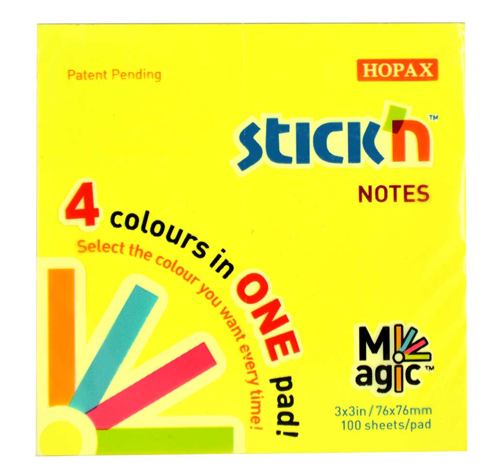 Magic notes autoadeziv 76 x 76 mm, 100 file, Stick"n Magic Notes - 4 culori neon