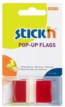Film index autoadeziv 45 x 25mm, 50 file/set, cu dispenser, Stick"n Pop-up - transparent/rosu