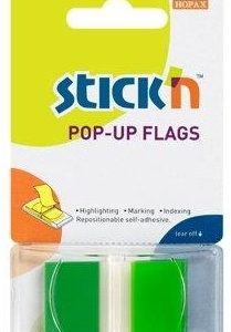 Film index autoadeziv 45 x 25mm, 50 file/set, cu dispenser, Stick"n Pop-up - transparent/verde