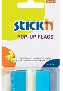 Film index autoadeziv 45 x 25mm, 50 file/set, cu dispenser, Stick"n Pop-up - transparent/albastru