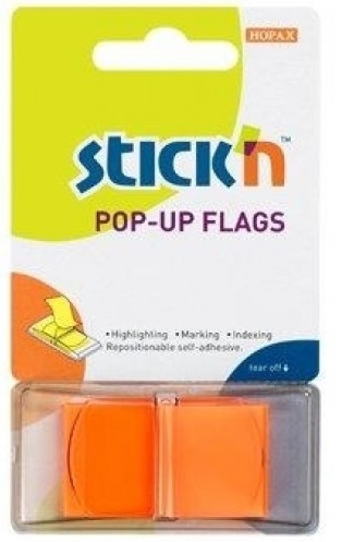 Film index autoadeziv 45 x 25mm, 50 file/set, cu dispenser, Stick"n Pop-up - transparent/portocaliu