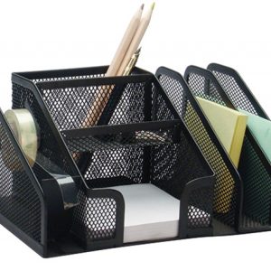 Organizer metalic Mesh, de birou, 6 compartimente + suport banda adeziva, Q-Connect - negru
