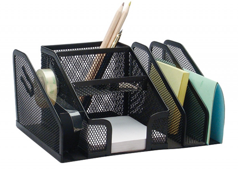 Organizer metalic Mesh, de birou, 6 compartimente + suport banda adeziva, Q-Connect - negru