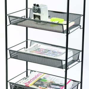Suport metalic Mesh, mobil, cu 4 tavite pentru stocare, Q-Connect - negru