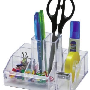 Suport plastic pentru accesorii de birou, 8 compartimente, 148 x 87mm, KEJEA - transparent