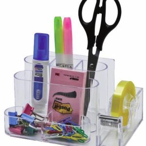 Suport plastic pentru accesorii de birou, 7 compartimente, 168 x 78mm, KEJEA - transparent