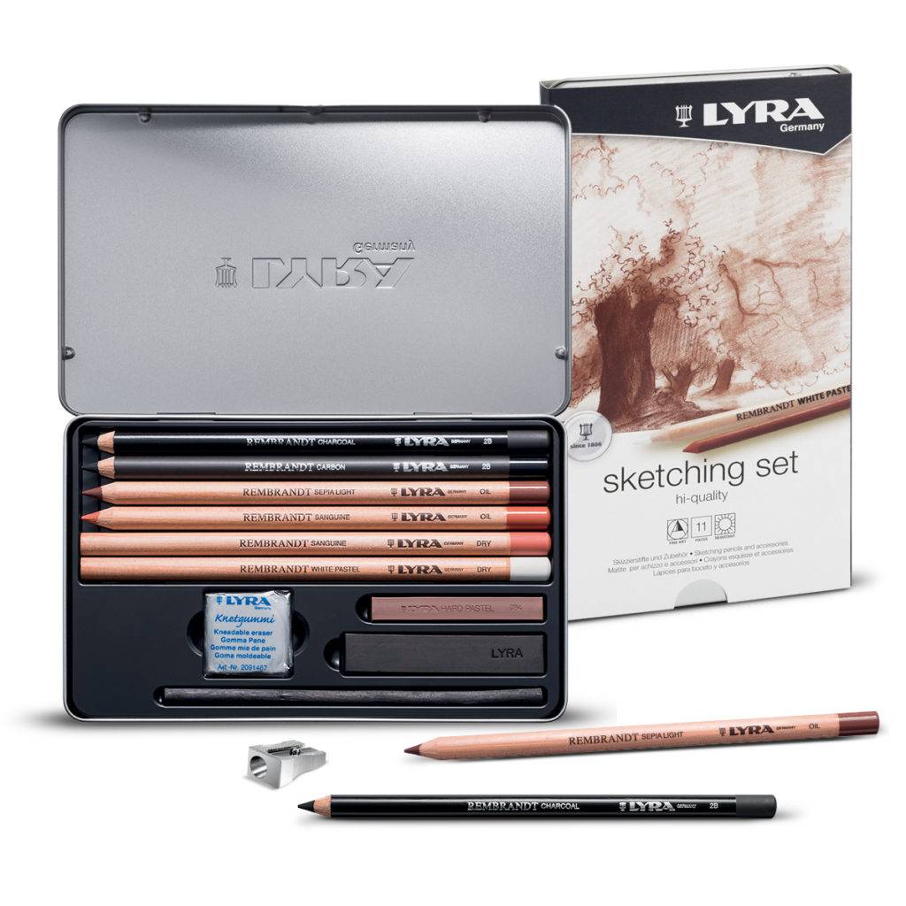 Creioane + accesorii, LYRA Rembrandt Sketching, pentru desene si schite, 11 piese/cutie metalica