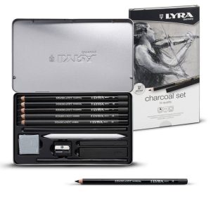Creioane + accesorii, LYRA Rembrandt Charcoal, pentru desene si schite, 12 piese/cutie metalica