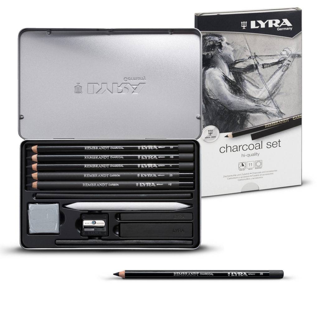 Creioane + accesorii, LYRA Rembrandt Charcoal, pentru desene si schite, 12 piese/cutie metalica