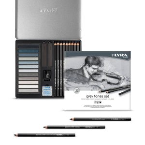 Creioane + accesorii, LYRA Rembrandt, pentru desene si schite, 25 piese/cutie metalica-tonuri de gri