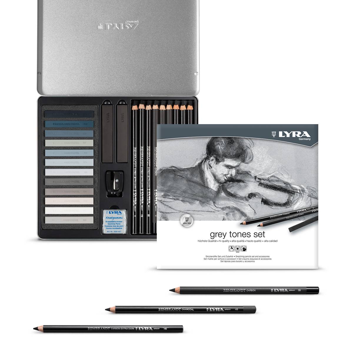 Creioane + accesorii, LYRA Rembrandt, pentru desene si schite, 25 piese/cutie metalica-tonuri de gri