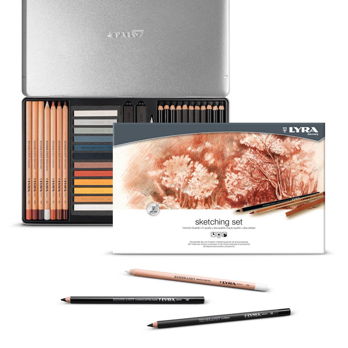 Creioane + accesorii, LYRA Rembrandt Sketching, pentru desene si schite, 27 piese/cutie metalica