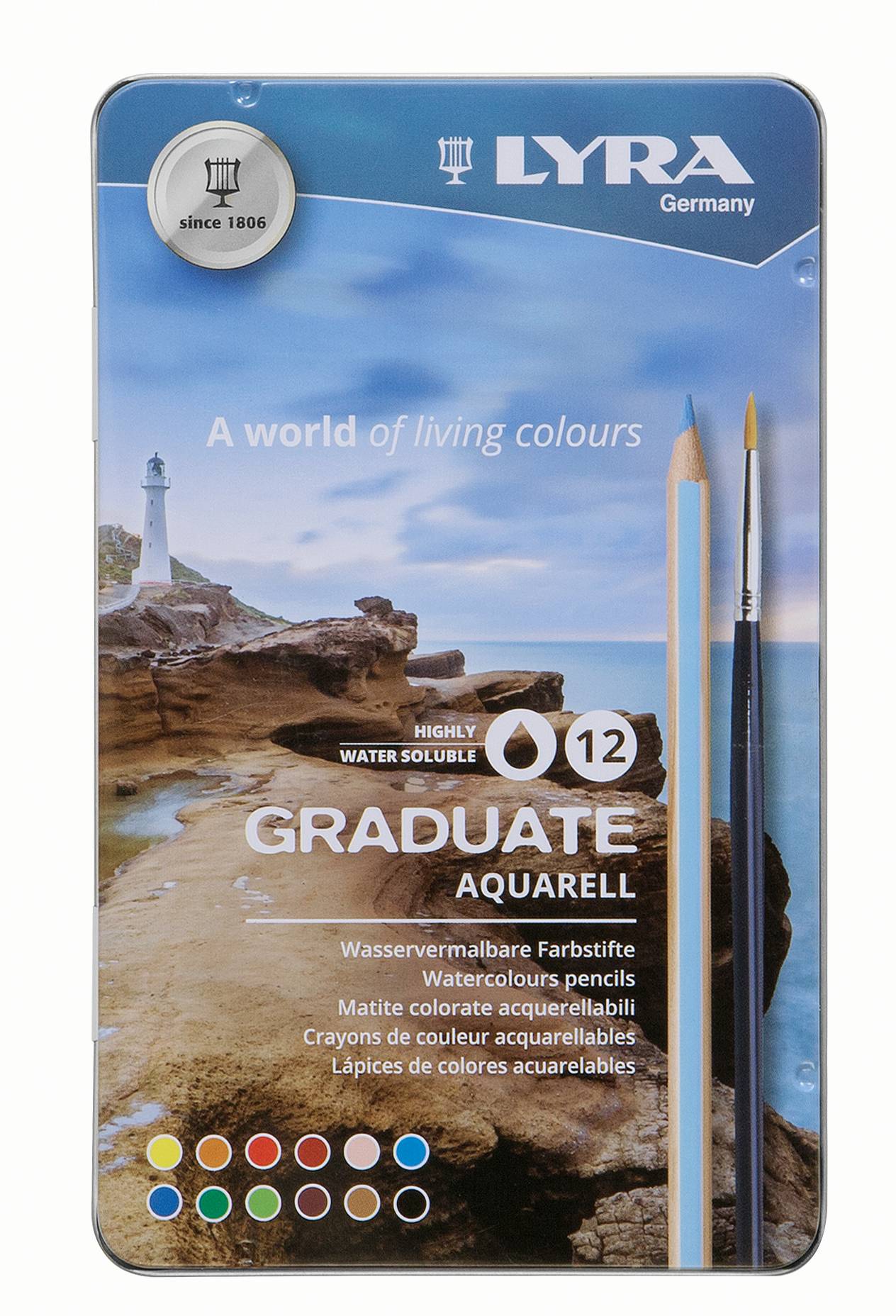 Creioane colorate LYRA Graduate Aquarell, 12 culori+pensula/cutie metalica