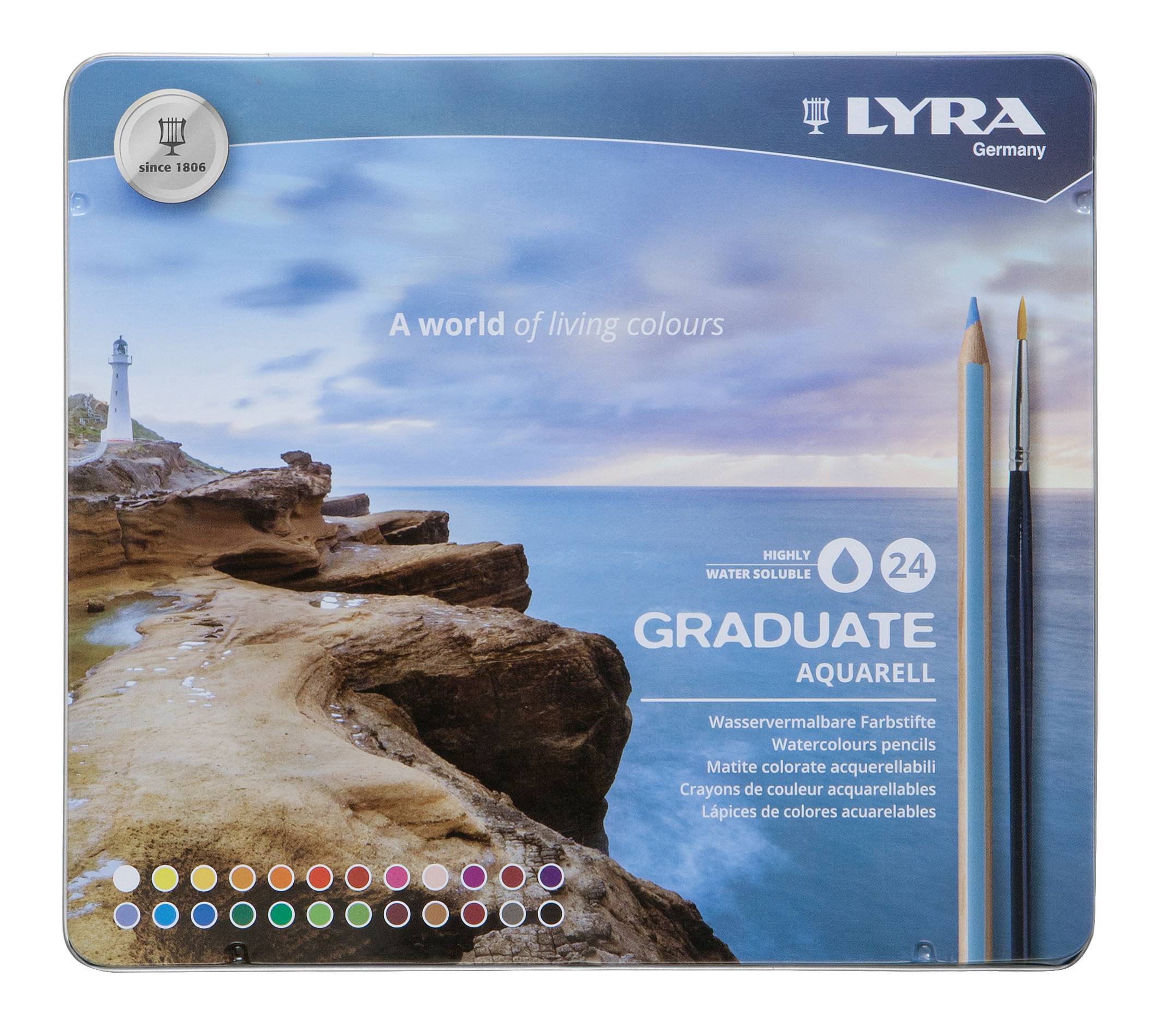 Creioane colorate LYRA Graduate Aquarell, 24 culori+pensula/cutie metalica