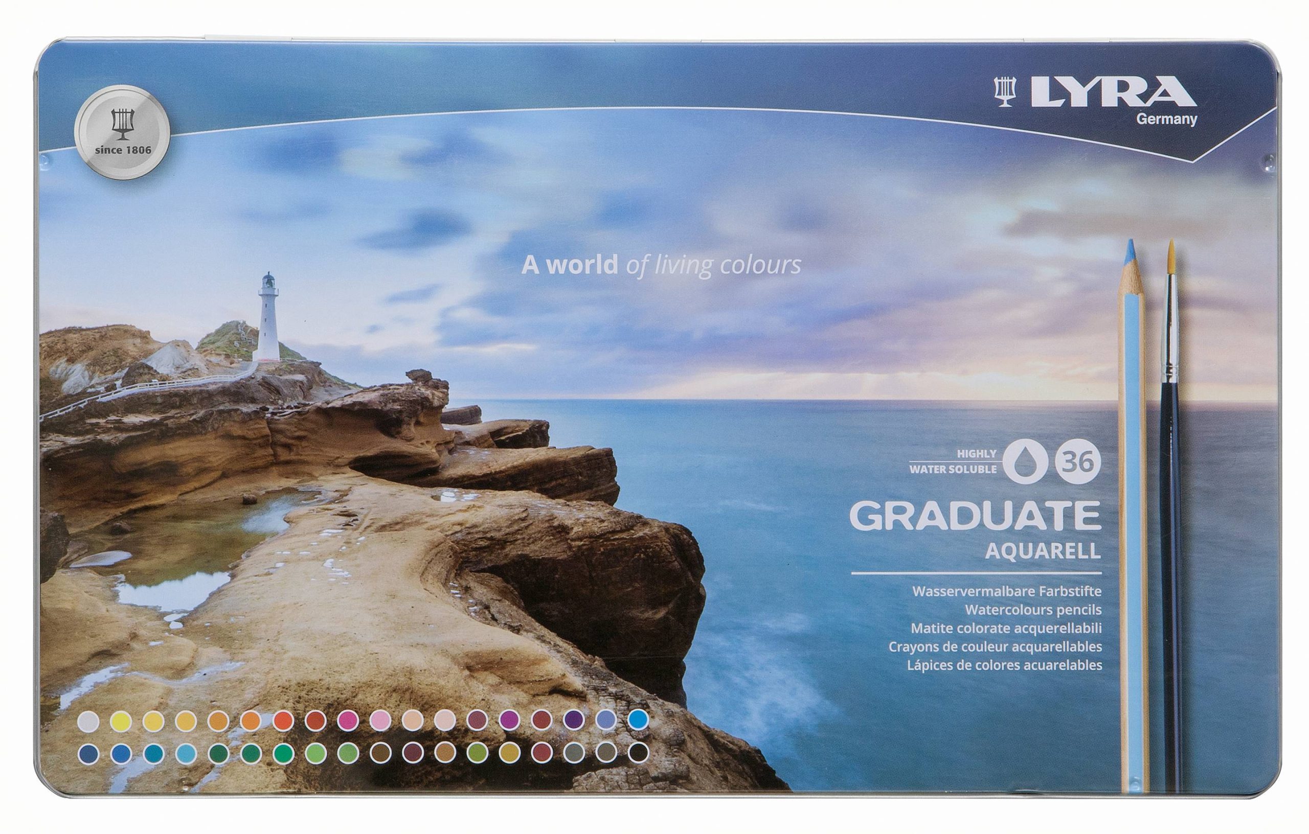 Creioane colorate LYRA Graduate Aquarell, 36 culori+pensula/cutie metalica