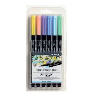 Markere LYRA Aqua Brush Duo, 2 capete (brush + 1mm), 6 culori pastel/blister