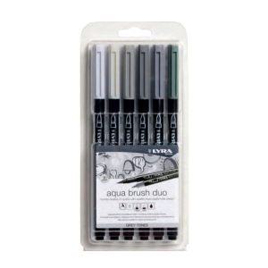 Markere LYRA Aqua Brush Duo, 2 capete (brush + 1mm), 6 culori in tonuri de gri/blister