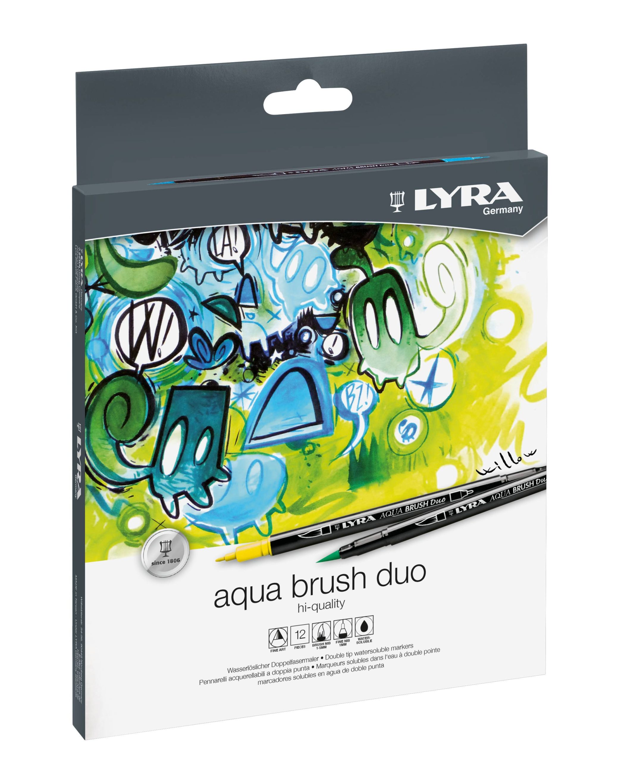 Markere LYRA Aqua Brush Duo, 2 capete (brush + 1mm), 12 culori/cutie