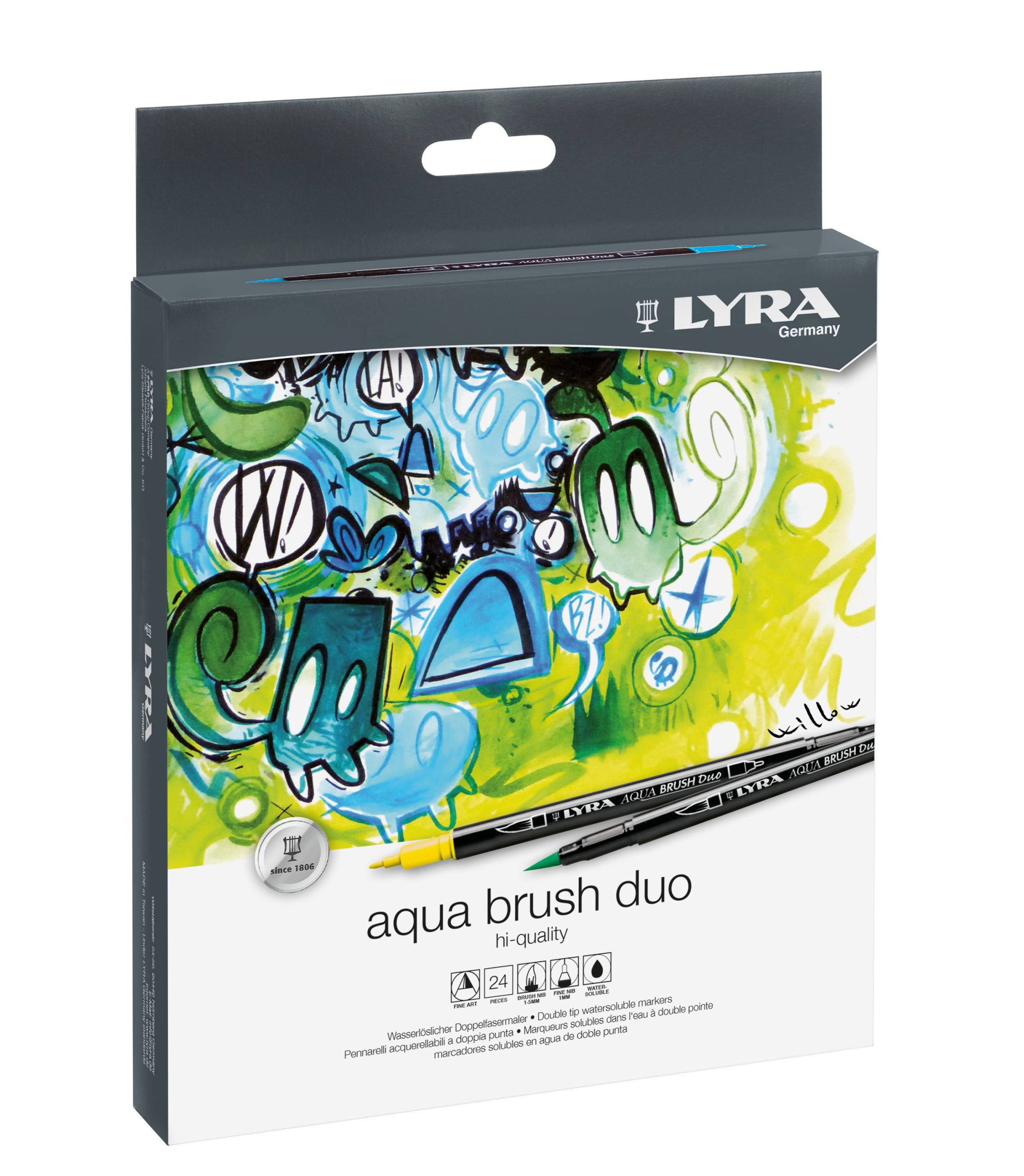 Markere LYRA Aqua Brush Duo, 2 capete (brush + 1mm), 24 culori/cutie