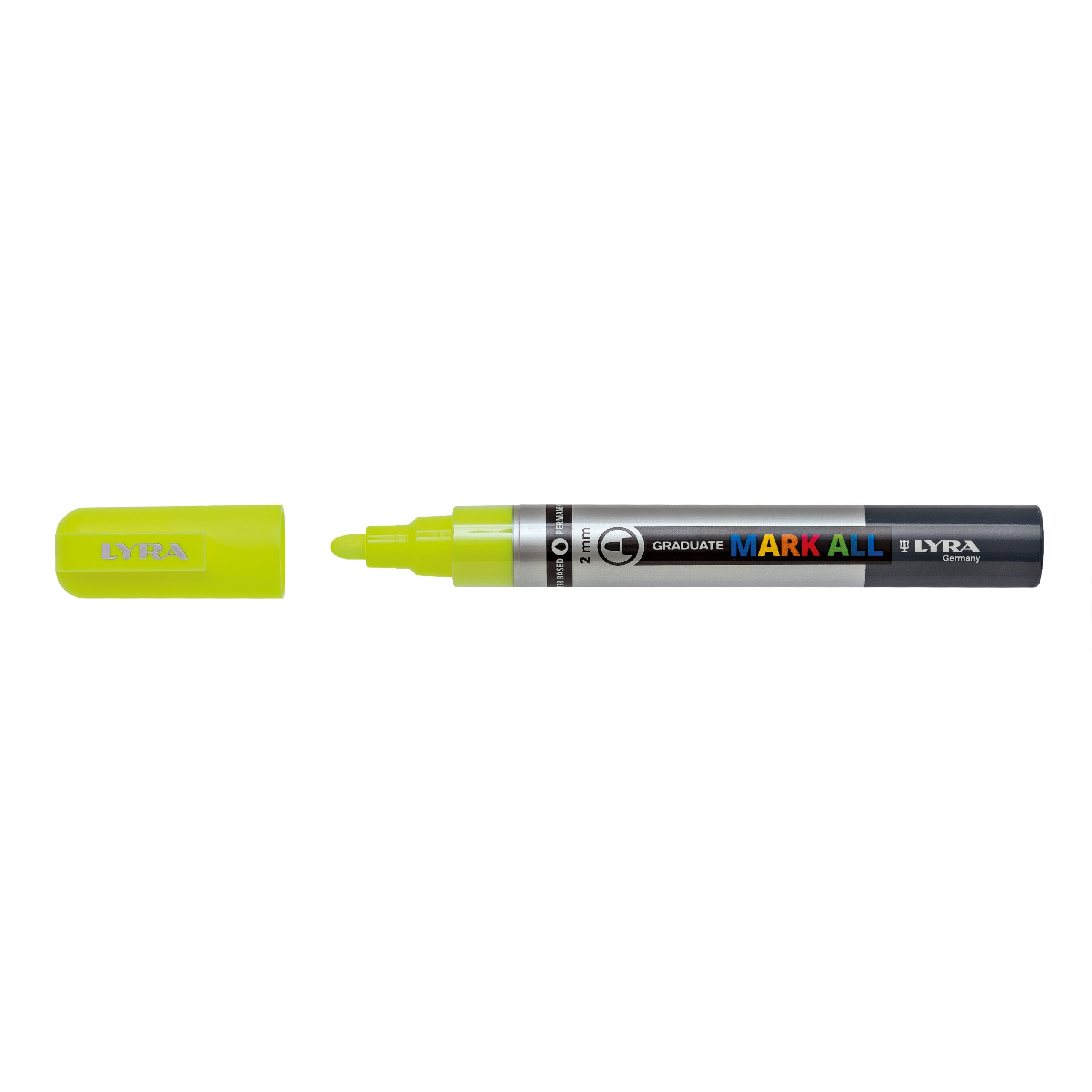Marker LYRA Graduate Mark All, pe baza de apa, varf 2mm, pentru orice suprafata - galben neon
