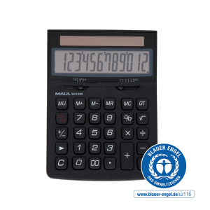 Calculator de birou MAUL ECO850, 12 digits, realizat din plastic reciclat, incarcare solara - negru