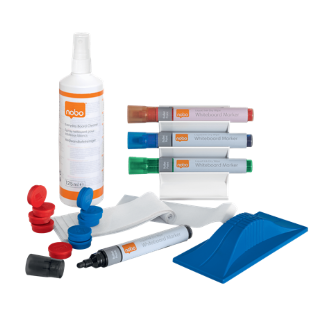 Kit pentru tabla NOBO emailata, suport, 4 markere, burete , spray curatare 12 ml, laveta, 10 magneti