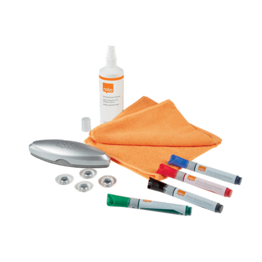 Kit pentru tabla NOBO din sticla, 4 markere,burete, laveta, spray curatare 250ml, 4 magneti